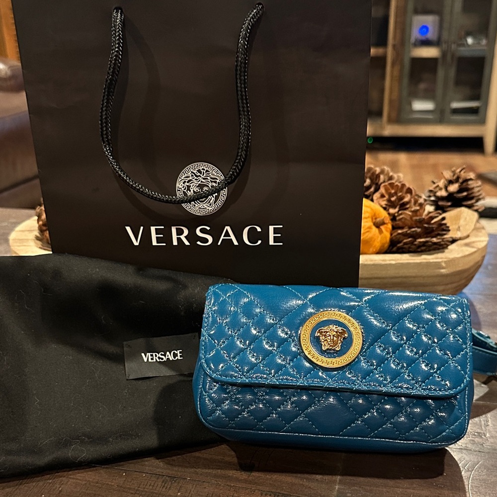 Versace Blue Quilted Clutch with Gold Medusa Medallion - Picture 1 of 9